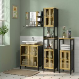 Rackhams Under Sink Bathroom Cabinet, Bamboo Sink Storage Cabinet Slat Doors - Natural wood finish - thumbnail 1