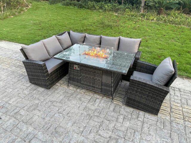 Rackhams Outdoor Rattan Corner Sofa Garden Furniture High Back Sofa Set Gas Fire Pit Dining Table Gas Heater Burner Arm Chair 7 Seater - image 1