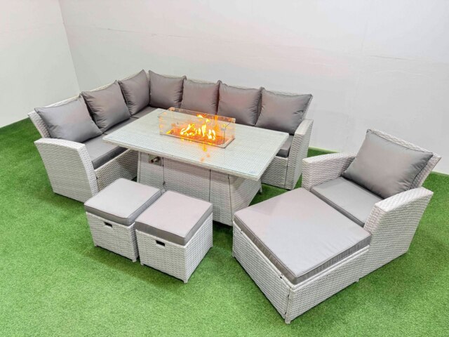 Rackhams 10 Seat Rattan Garden Furniture Corner Sofa Set Outdoor Gas Fire Pit Table Sets with 3 Footstools Light Grey - image 1