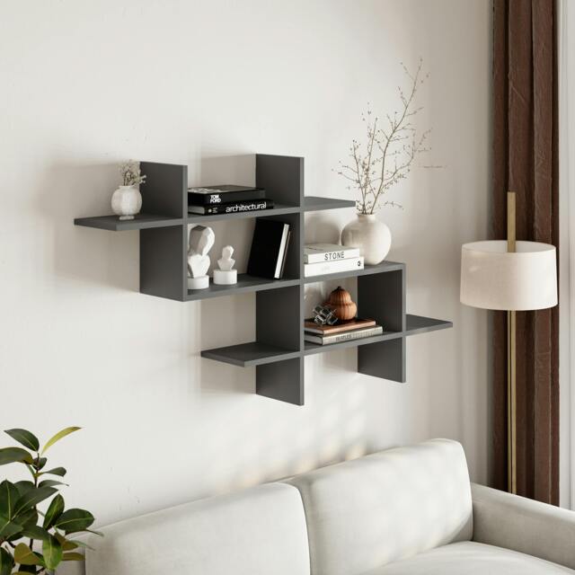 Rackhams Halic 3 Tiers Wall Mounted Shelf Modern Floating Bookcase 150cm - Anthracite Grey - image 1