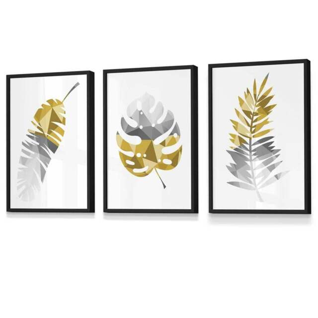 Rackhams Set of 3 Geometric Yellow Grey Tropical Leaves Wall Art Framed / Prints - 59x84cm (A1) - Black - image 1