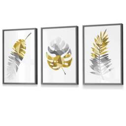Rackhams Set of 3 Geometric Yellow Grey Tropical Leaves Wall Art Framed / Prints - 59x84cm (A1) - Black - thumbnail 6