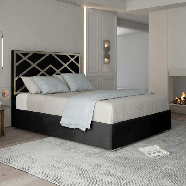 Rackhams Mayfair Upholstered Soft Velvet Metal Bed Frame - Black - Double - Black - image 1