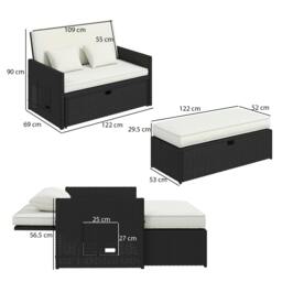Rackhams Garden Rattan Furniture Set 2 Seater Patio Sun Lounger Daybed Cream - thumbnail 3