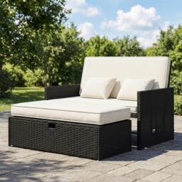 Rackhams Garden Rattan Furniture Set 2 Seater Patio Sun Lounger Daybed Cream