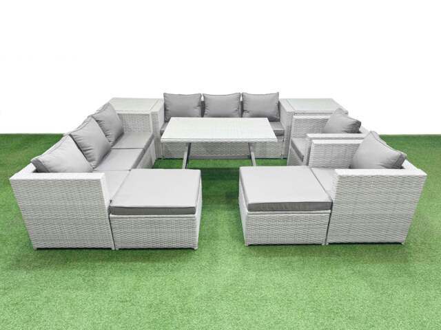 Rackhams 10 Seater Garden Furniture Set PE Rattan Garden Sofa Set with Rectangular Dining Table 2 Big Stool 2 Side Tables Light Grey - image 1