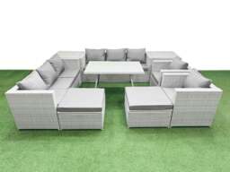 Rackhams 10 Seater Garden Furniture Set PE Rattan Garden Sofa Set with Rectangular Dining Table 2 Big Stool 2 Side Tables Light Grey - thumbnail 1