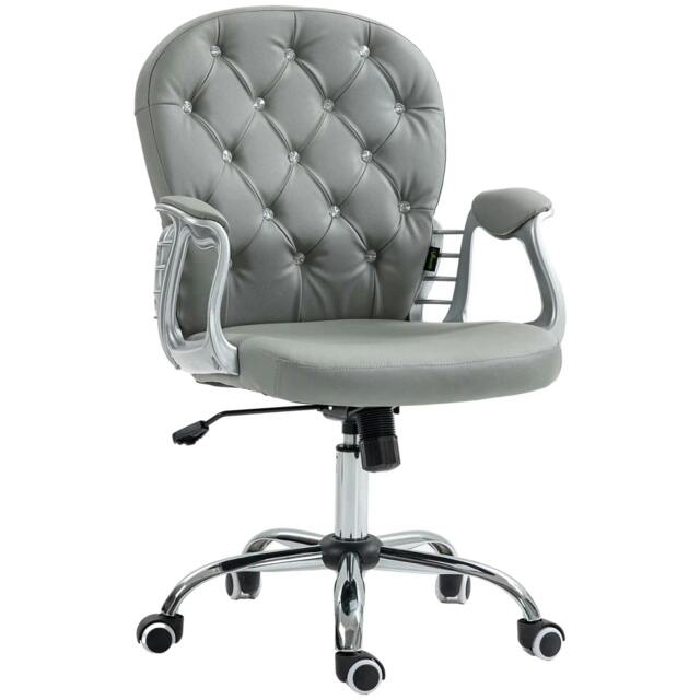 Rackhams Office Chair Ergonomic 360° Swivel PU Diamante Padded Base 5 Castor Wheels for Home Work Grey