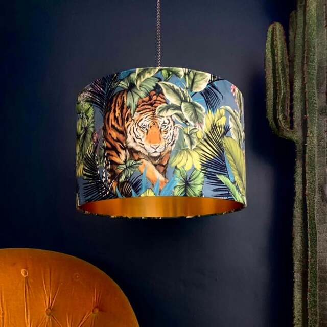 "Rackhams Big Cat Velvet Lampshade With Gold Lining In Flint Blue - Ceiling Pendant / Arc Lamp - 35cm Diameter x 25cm Height (14"" x 10"")" - image 1