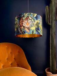"Rackhams Big Cat Velvet Lampshade With Gold Lining In Flint Blue - Ceiling Pendant / Arc Lamp - 35cm Diameter x 25cm Height (14"" x 10"")" - thumbnail 2