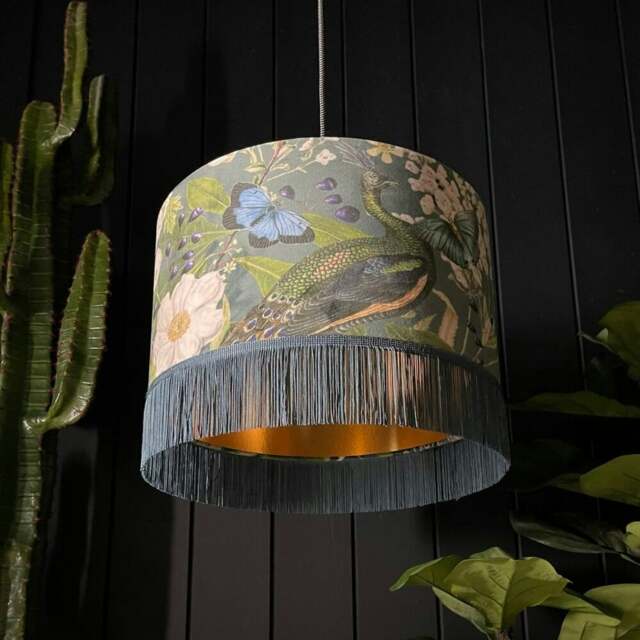 "Rackhams Emerald Mythical Plumes Lampshade With Gold Lining and Fringing - Ceiling Pendant / Arc Lamp - 35cm Diameter x 25cm Height (14"" x 10"")" - image 1