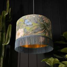 "Rackhams Emerald Mythical Plumes Lampshade With Gold Lining and Fringing - Ceiling Pendant / Arc Lamp - 35cm Diameter x 25cm Height (14"" x 10"")" - thumbnail 1