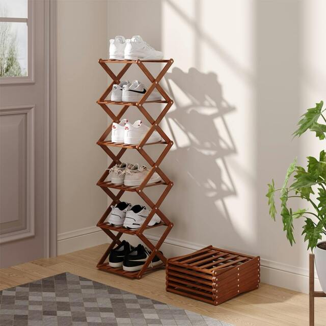 Rackhams 6 Tier Bamboo Folding Shoe Rack Shoe Storage Organiser - Walnut - Walnut - S - image 1