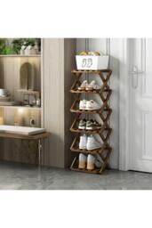 Rackhams 6 Tier Bamboo Folding Shoe Rack Shoe Storage Organiser - Walnut - Walnut - S - thumbnail 3