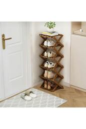 Rackhams 6 Tier Bamboo Folding Shoe Rack Shoe Storage Organiser - Walnut - Walnut - S - thumbnail 5