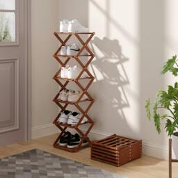 Rackhams 6 Tier Bamboo Folding Shoe Rack Shoe Storage Organiser - Walnut - Walnut - S - thumbnail 1