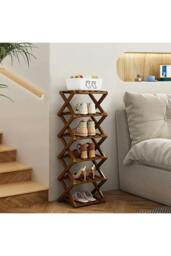 Rackhams 6 Tier Bamboo Folding Shoe Rack Shoe Storage Organiser - Walnut - Walnut - S - thumbnail 2