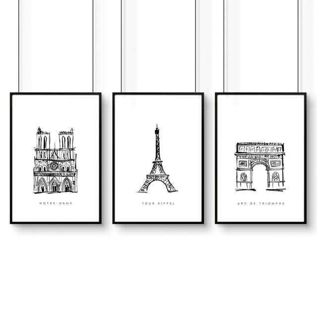 Rackhams Wall Art Framed For Living Room - Set of 3 Paris Landmarks Wall art Prints - A2 16.54 x 23.39 in / 42 x 59.4 cm - Matte Museum Quality Art Paper 290 gsm - Black Frame - image 1