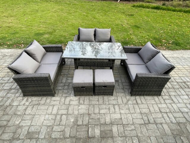 Rackhams Wicker PE Rattan Garden Furniture Sets Outdoor Lounge Sofa Set with Oblong Dining Table Double Seat Sofa 2 Small Footstools Dark Grey Mixed - image 1