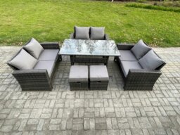 Rackhams Wicker PE Rattan Garden Furniture Sets Outdoor Lounge Sofa Set with Oblong Dining Table Double Seat Sofa 2 Small Footstools Dark Grey Mixed - thumbnail 1