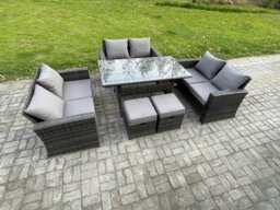 Rackhams Wicker PE Rattan Garden Furniture Sets Outdoor Lounge Sofa Set with Oblong Dining Table Double Seat Sofa 2 Small Footstools Dark Grey Mixed - thumbnail 2