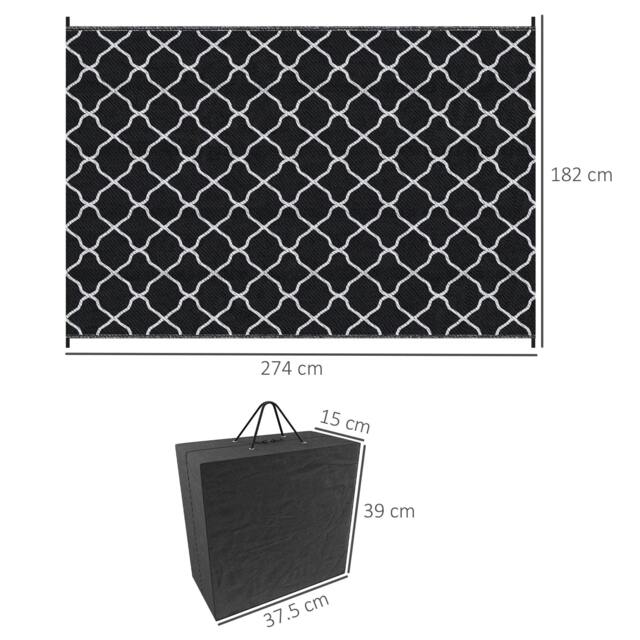 Rackhams Reversible Outdoor Rug, Plastic Straw Mat w/ Carry Bag Ground Stakes for Garden RV Picnic Beach Camping 182x274cm Black - image 1