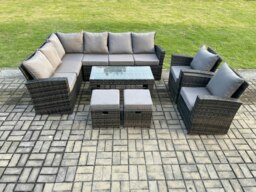 Rackhams 10 Seat Rattan Garden Furniture Corner Sofa Set Outdoor Patio Sofa Chair Table Set with 2 Small Footstools Dark Grey Mixed - thumbnail 1