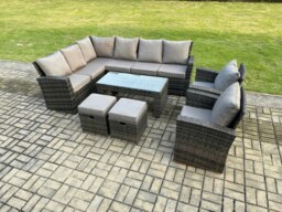 Rackhams 10 Seat Rattan Garden Furniture Corner Sofa Set Outdoor Patio Sofa Chair Table Set with 2 Small Footstools Dark Grey Mixed - thumbnail 2