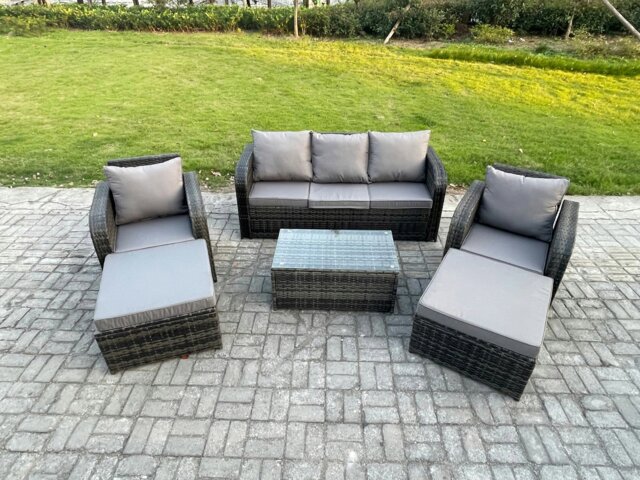 Rackhams Wicker PE Rattan Garden Furniture Set 7 Seater Outdoor Lounge Sofa Set with Coffee Table 2 Big Footstool Dark Grey Mixed - image 1