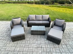 Rackhams Wicker PE Rattan Garden Furniture Set 7 Seater Outdoor Lounge Sofa Set with Coffee Table 2 Big Footstool Dark Grey Mixed - thumbnail 1