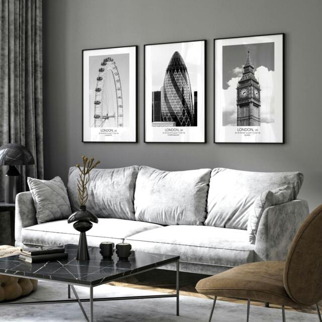 Rackhams Wall pictures for living room ideas - set of 3 London wall art prints - A2 16.54 x 23.39 in / 42 x 59.4 cm - Satin Photo paper 280 gsm - Oak Frame - image 1