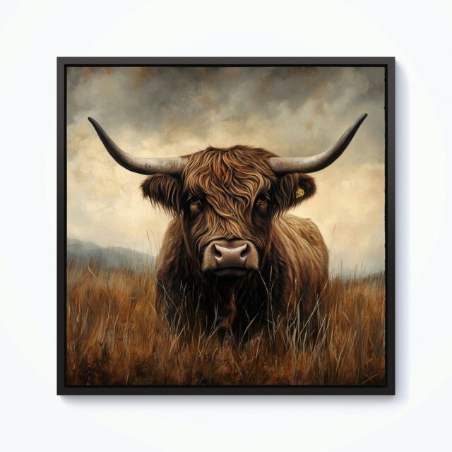 "Rackhams Bronze Effect Highland Cow Framed Canvas -  - Black - 30"" x 30"""