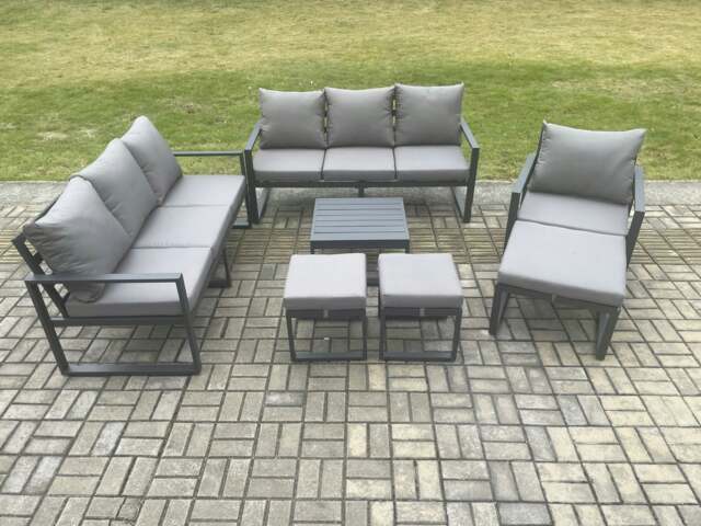 Rackhams Aluminium Outdoor Lounge Sofa Set Garden Furniture Sets with Square Coffee Table Chair 3 Footstools Dark Grey - image 1