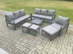 Rackhams Aluminium Outdoor Lounge Sofa Set Garden Furniture Sets with Square Coffee Table Chair 3 Footstools Dark Grey - thumbnail 2