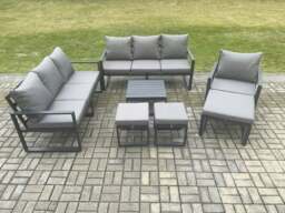 Rackhams Aluminium Outdoor Lounge Sofa Set Garden Furniture Sets with Square Coffee Table Chair 3 Footstools Dark Grey - thumbnail 1