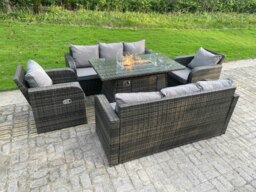 Rackhams Rattan Outdoor Furniture Gas Fire Pit Rectangle Dining Table Gas Heater Adjustable Reclining Chair 3 Seater Sofa Sets 8 Seater