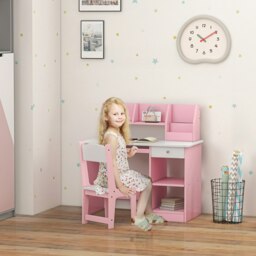 Rackhams ZONEKIZ Kids Desk and Chair Set with Storage, for Ages 5-8 Years, 2 Piece Children Table and Chair Set with Keyboard Drawer, Pink