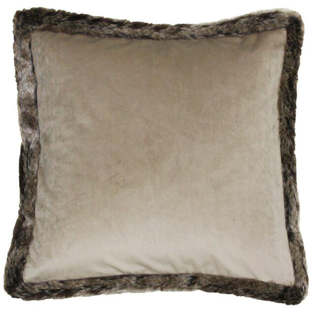 Rackhams Kiruna Faux Fur Edged Velvet Style Square Cushion Cover - Taupe - 45 x 45cm - Taupe - 100% Polyester - image 1