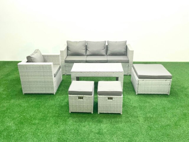 Rackhams Rattan Garden Furniture Set 6 Pieces Outdoor Garden Sofa Oblong Coffee Table Set with Chair 3 Footstools Light Grey Mixed - image 1