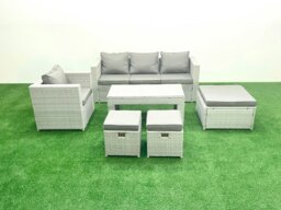 Rackhams Rattan Garden Furniture Set 6 Pieces Outdoor Garden Sofa Oblong Coffee Table Set with Chair 3 Footstools Light Grey Mixed - thumbnail 2