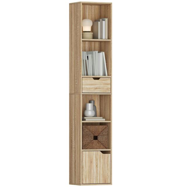 Rackhams Narrow Bookshelf with Drawer, Tall Bookcase for Living Room, Black - Natural wood finish - image 1