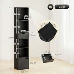Rackhams Narrow Bookshelf with Drawer, Tall Bookcase for Living Room, Black - Natural wood finish - thumbnail 3