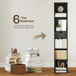 Rackhams Narrow Bookshelf with Drawer, Tall Bookcase for Living Room, Black - Natural wood finish - thumbnail 5