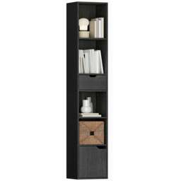 Rackhams Narrow Bookshelf with Drawer, Tall Bookcase for Living Room, Black - Natural wood finish - thumbnail 2