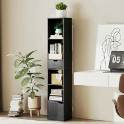 Rackhams Narrow Bookshelf with Drawer, Tall Bookcase for Living Room, Black - Natural wood finish - thumbnail 4