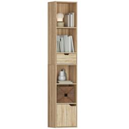Rackhams Narrow Bookshelf with Drawer, Tall Bookcase for Living Room, Black - Natural wood finish - thumbnail 1