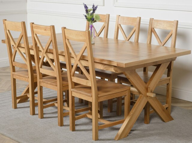 Rackhams Vermont Cross Leg Oak Extending Dining Table with Berkeley Oak Chairs - Natural Oak - 6 chairs - image 1
