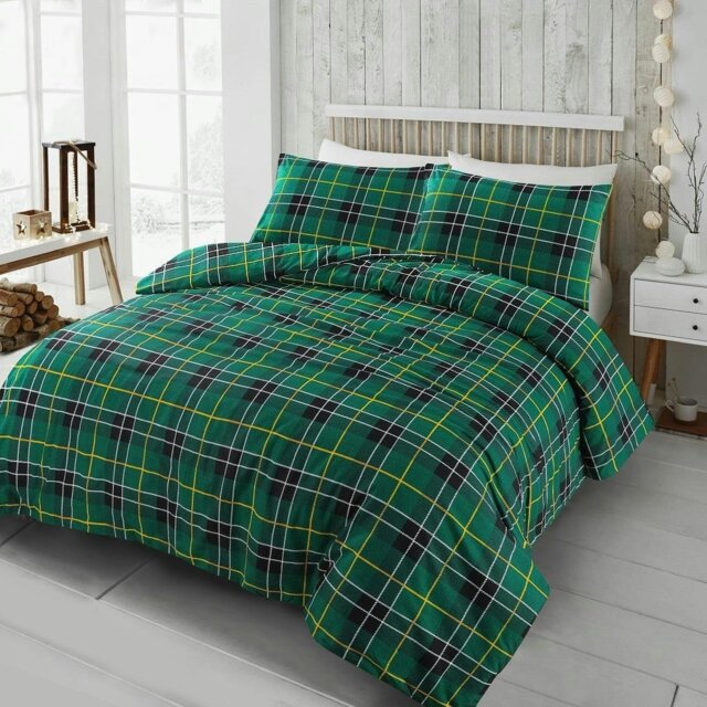 Rackhams Flannelette Tartan Check Brushed Cotton Duvet Cover Set - Green - King