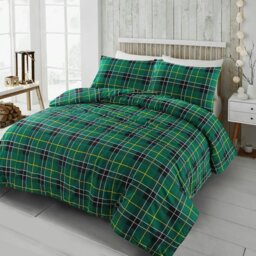 Rackhams Flannelette Tartan Check Brushed Cotton Duvet Cover Set - Green - King - thumbnail 1