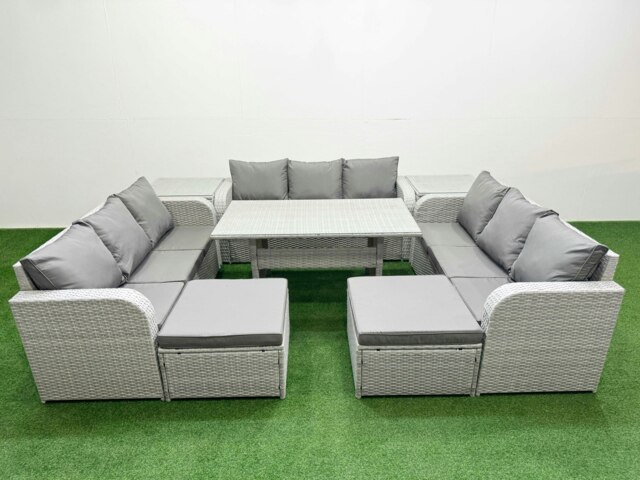 Rackhams 11-Seater Light Grey PE Rattan Outdoor Lounge Set - Rectangular Dining Table, 3-Seater Sofa, 2 Footstools, 2 Side Tables - image 1